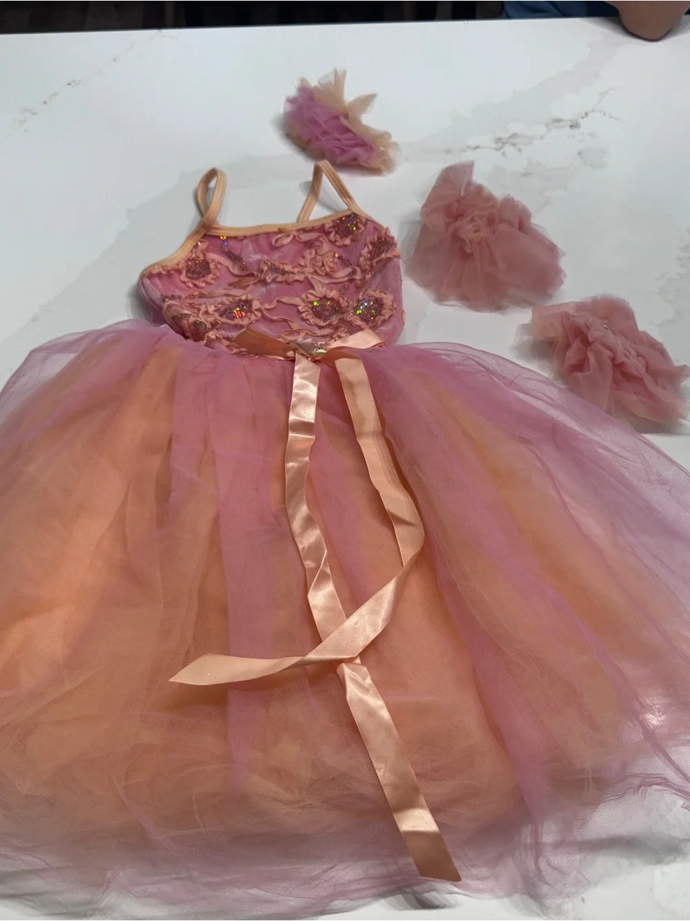 Pink & Peach Tulle Flower Party Dress with Ribbon